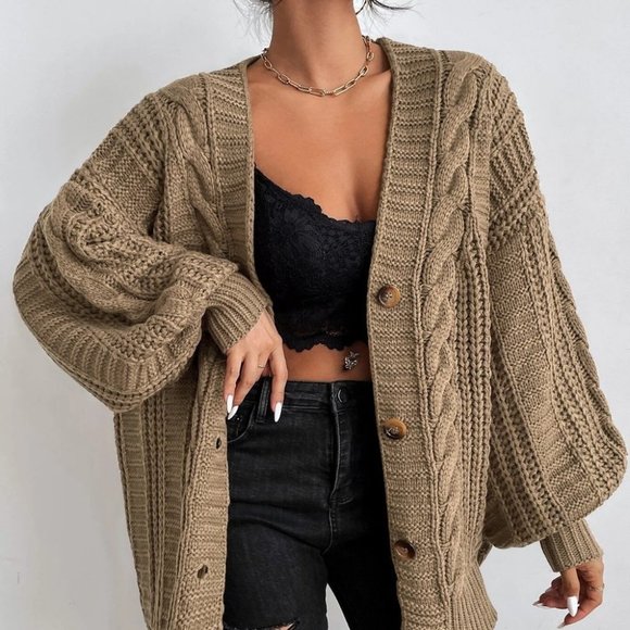 Tan Womens Cable Knit button down Cardigan - Picture 2 of 4